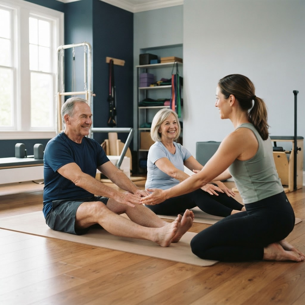 Casal maduro praticando Pilates com acompanhamento profissional